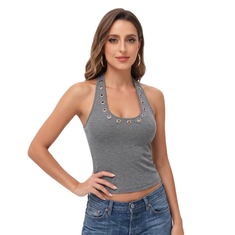 HTQWLP Women's Studded Halter Neck Tank Top with Metal Eyelet Detail, Sleeveless U-Neck form-Fitt... | Walmart (US)