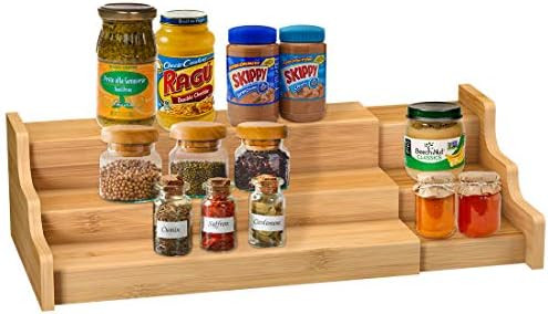 Spice Rack Kitchen Cabinet Organizer- 3 Tier Bamboo Expandable Display Shelf Yellow | Amazon (US)
