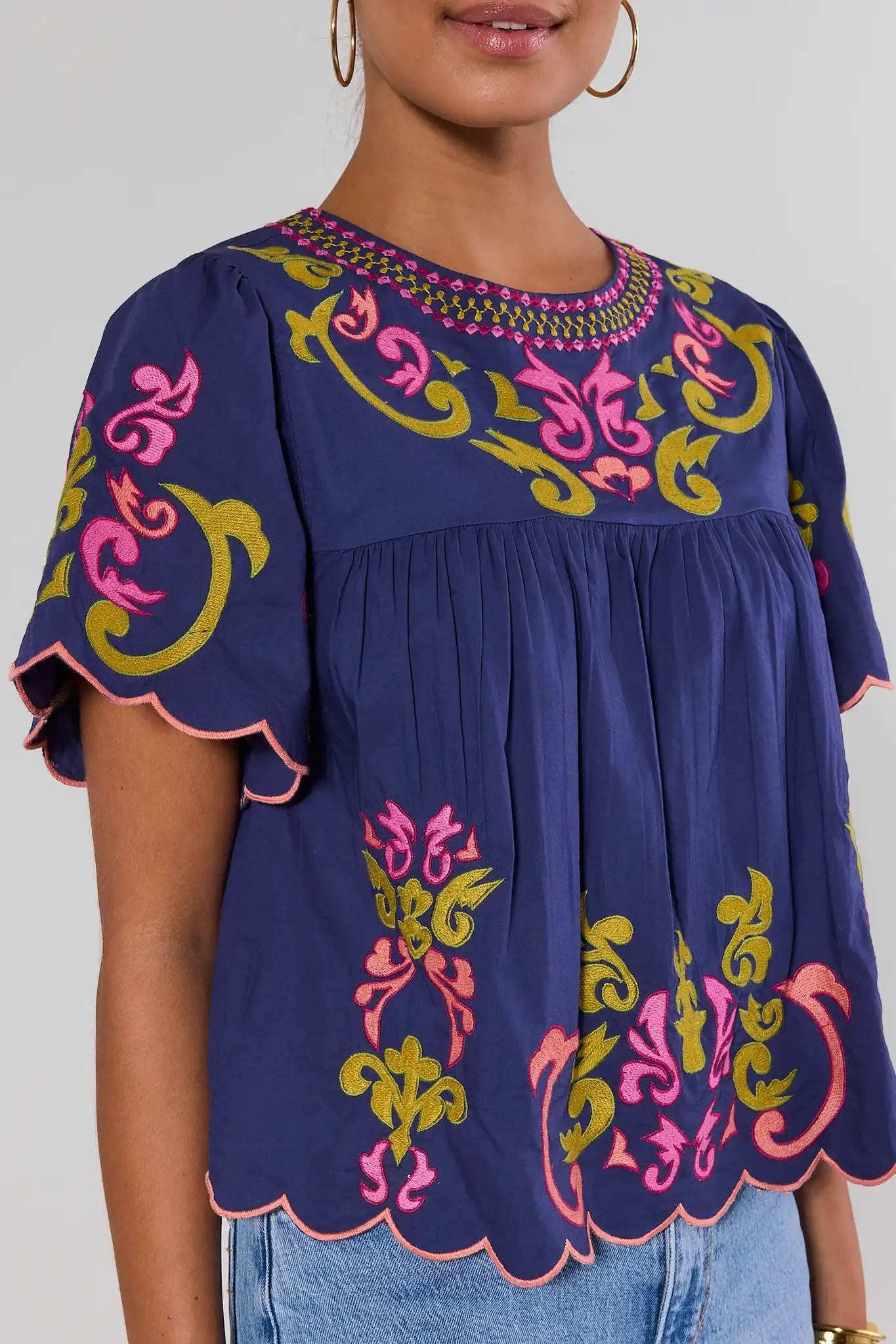 Erin Navy Embroidered Scalloped Top by THML | Avara