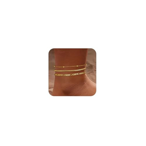 JOBICY Gold Ankle Bracelets for Women, 14K Gold Plated Anklets for Women Waterproof Layered Figaro Beaded Cuban Link Anklets Set Trendy Ankle Bracelets Summer Beach Anklet for Women Fashion Gold Jewelry Gifts | Amazon (US)