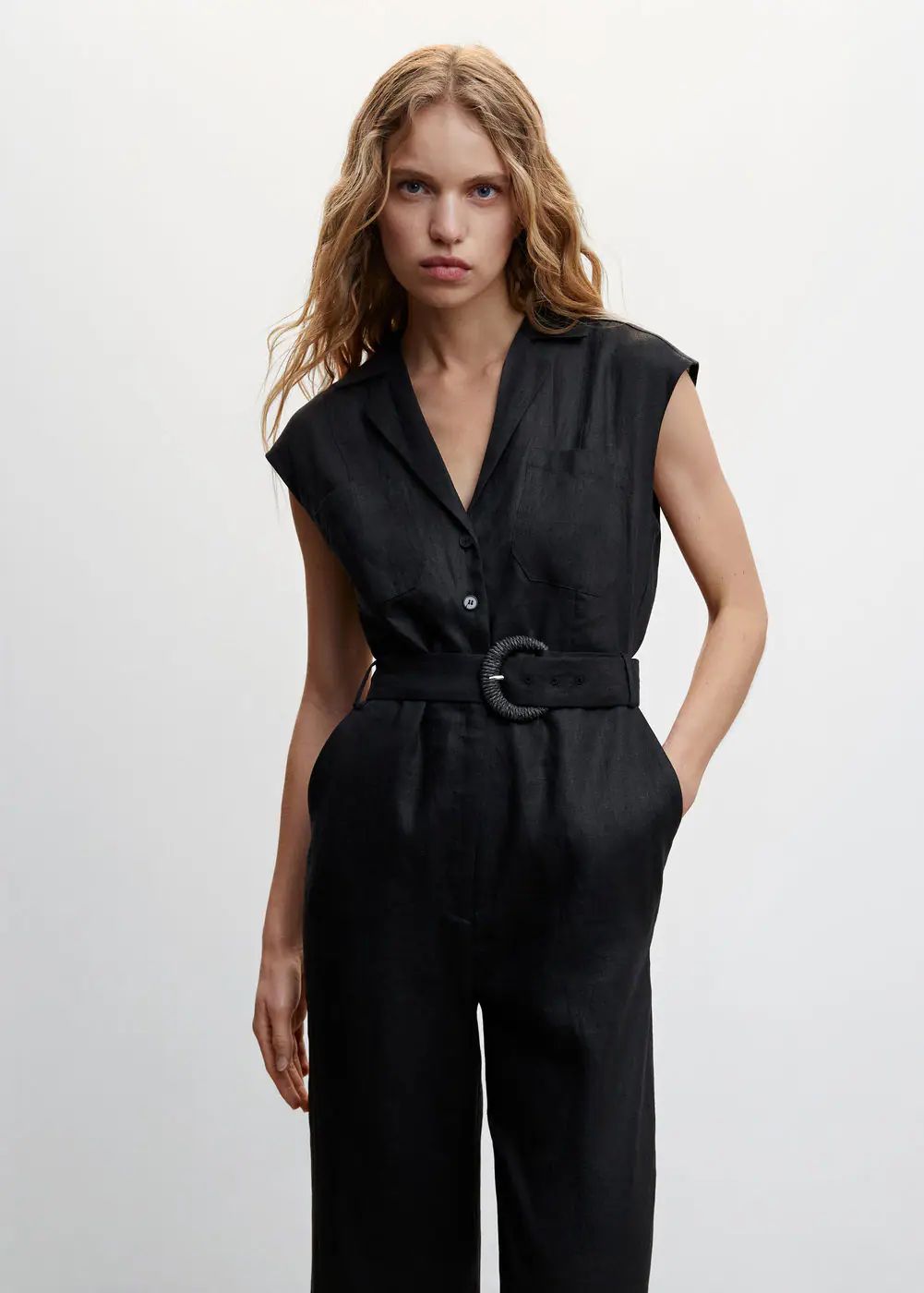 Belt linen jumpsuit -  Women | Mango USA | MANGO (US)