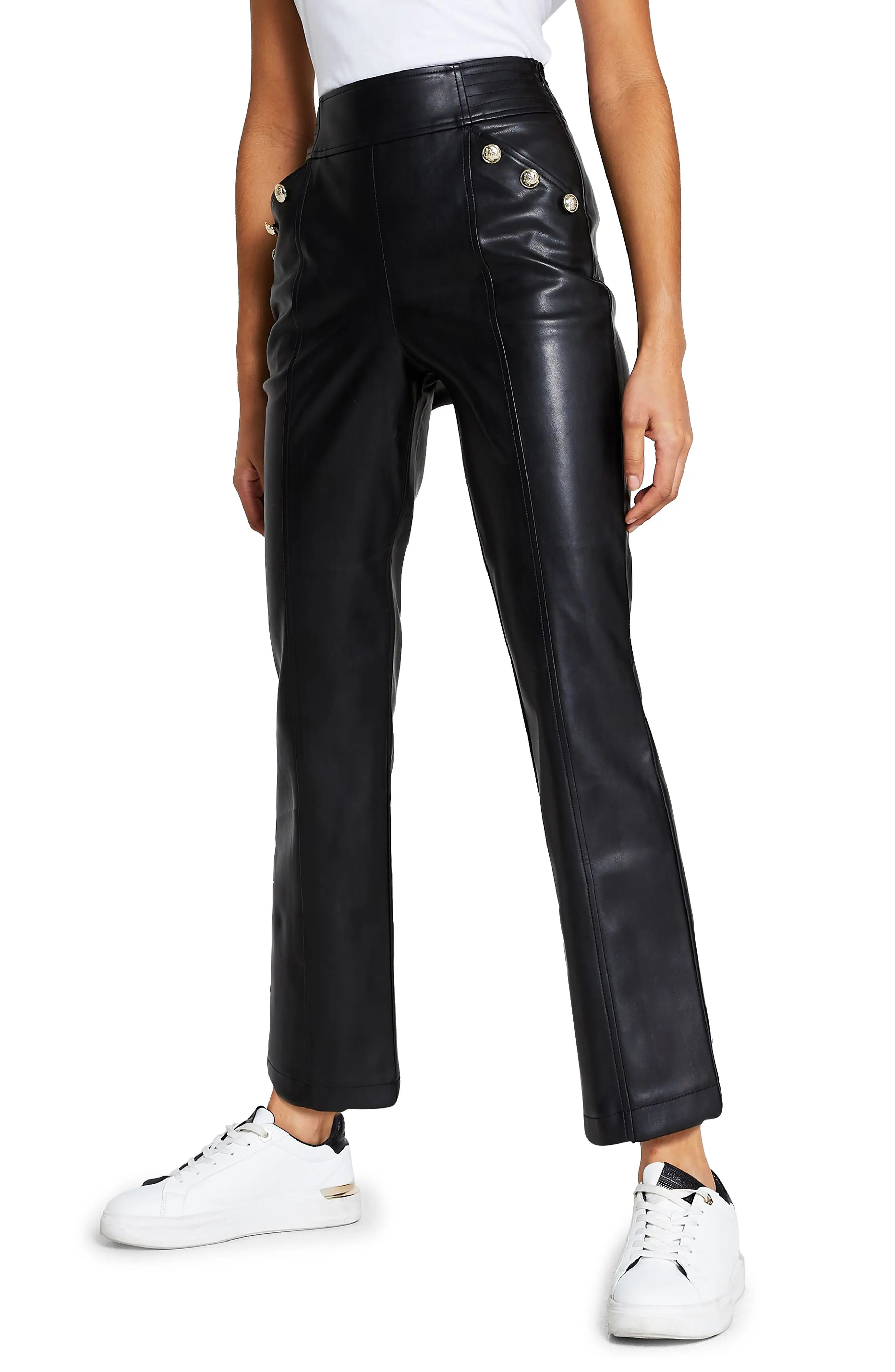 River Island Button Detail Kick Flare Faux Leather Pants in Black at Nordstrom, Size 12 Us | Nordstrom