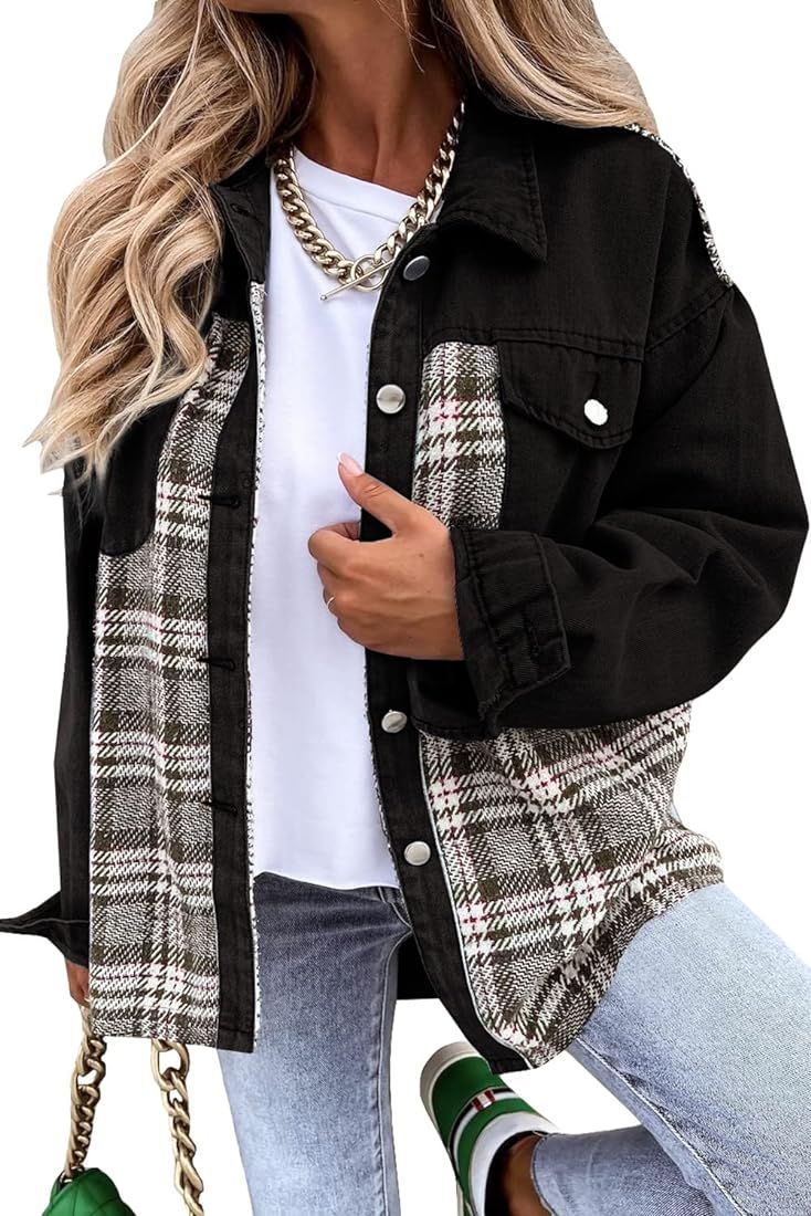 SHEWIN Women's Denim Jacket Long Sleeve Plaid Button Down Shirts Shacket Jacket | Amazon (US)