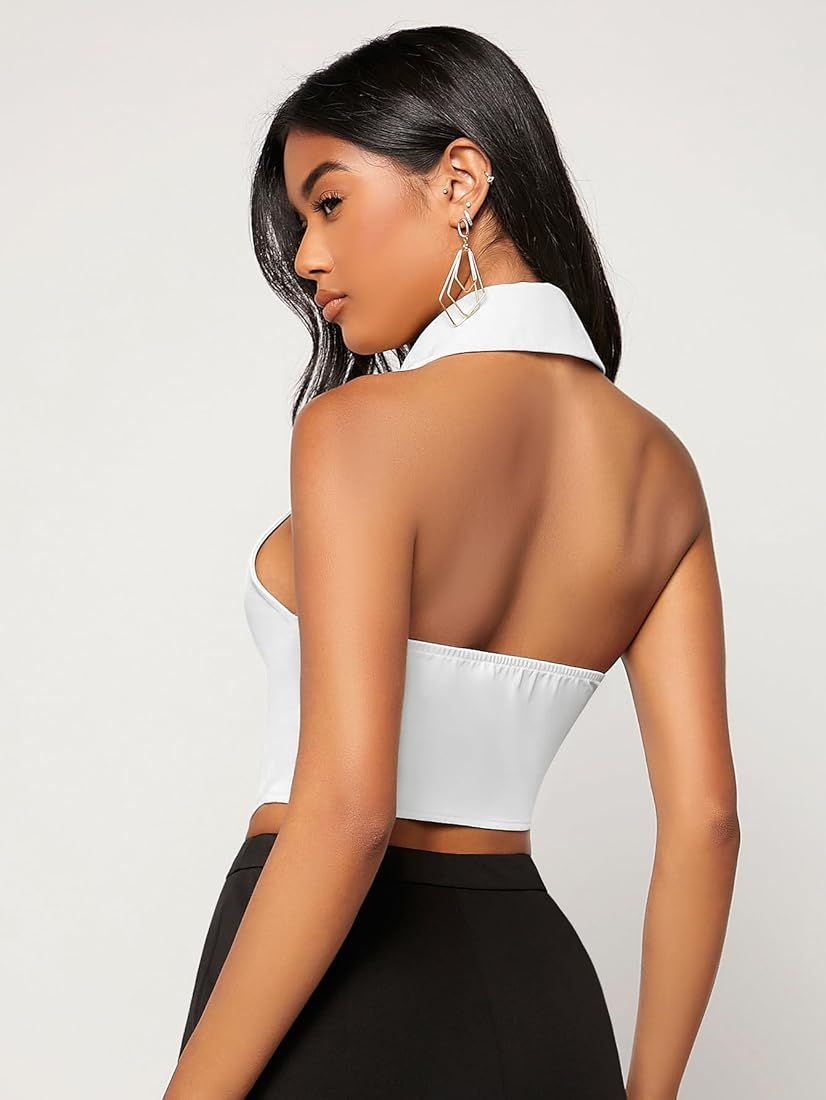 Verdusa Women's Notch Neck Backless Asymmetrical Hem Button Front Crop Blazer Vest | Amazon (US)