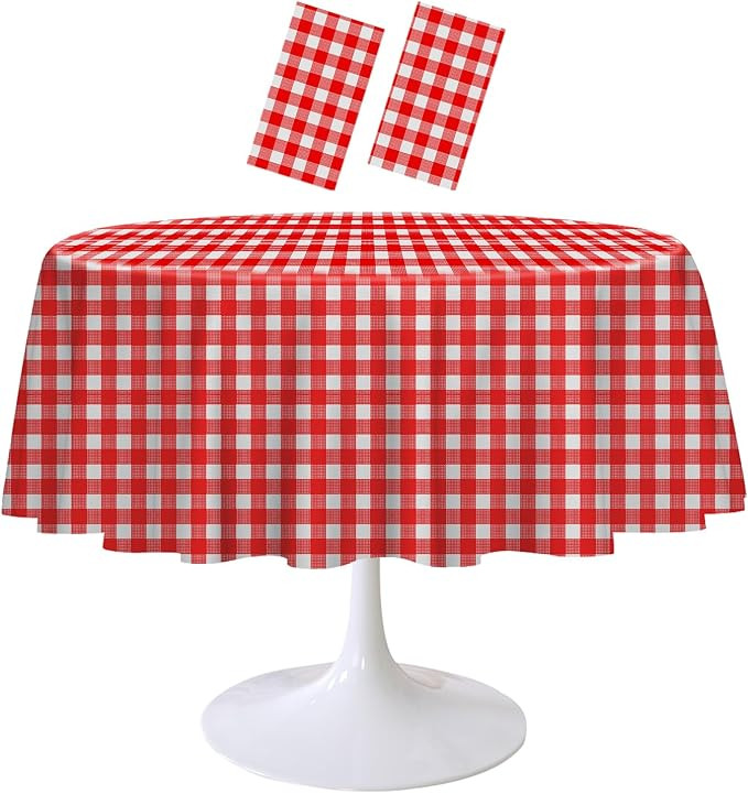 2 Pack Red Gingham Tablecloth Round 84 x 84 Inch Round Plastic Checkered Table Cloth Disposable P... | Amazon (US)