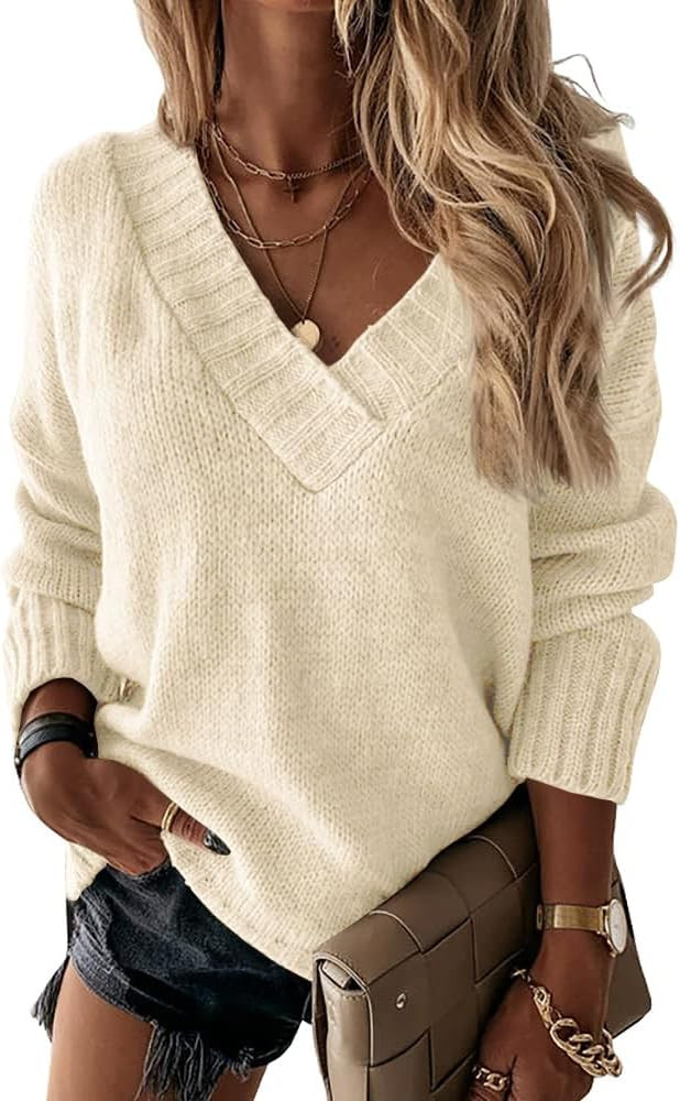 Womens Loose Sweaters Sexy V Neck Long Sleeve Solid Knitted Jumper Pullover Sweatshirt Tops | Amazon (US)