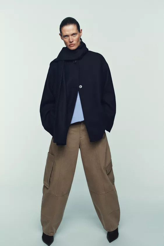 WOOL BLEND SHORT COAT WITH SCARF | Zara US