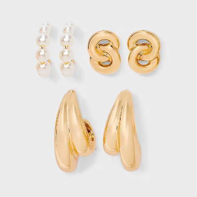 Hoop and Stud Crystal Earring Set 3pc - A New Day™ Gold: Hypoallergenic Zinc, Post Closure, 18+ Age | Target