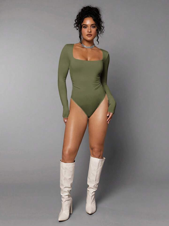 Silquee Square Neckline Long Sleeves Bodycon Bodysuit | SHEIN