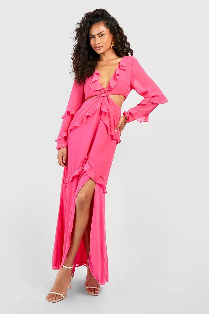 Ruffle Detail Cut Out Chiffon Maxi Dress | Boohoo.com (UK & IE)