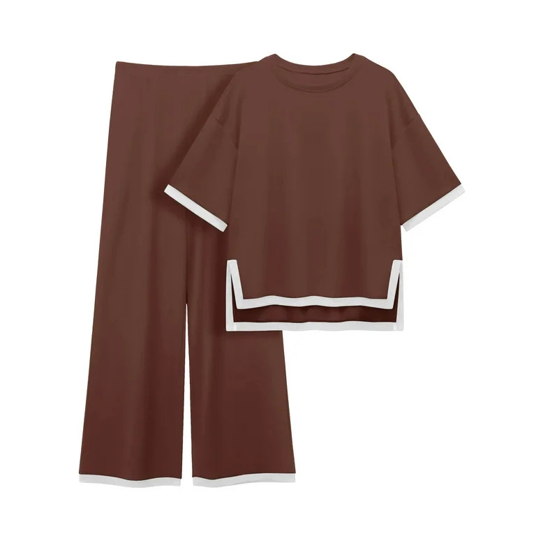 MINTREUS Women's Cotton 2-Piece Loungewear Short-Sleeve Round-Neck Pullover Top Wide-Leg Pants Wo... | Walmart (US)