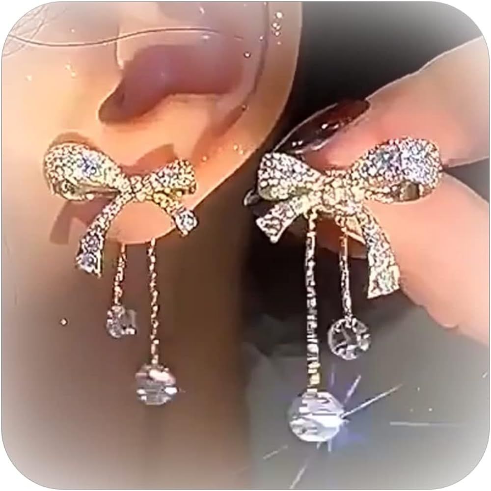 Bow Earrings for Women Rhinestone Bow Dangle Sparkly Crystal Chain Tassel Earring Stud Earrings T... | Amazon (US)