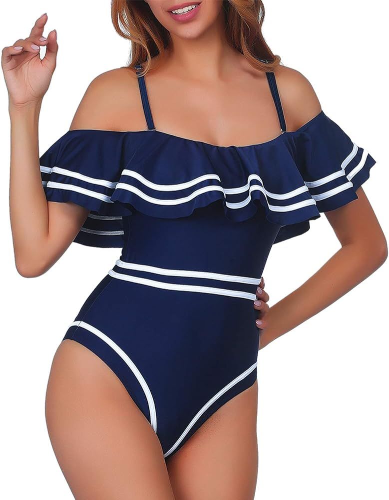 Women 1 Piece Vintage Navy Ruched Flounce Off Shoulder Swimwear High Waisted Swimsuit Monokini | Amazon (US)