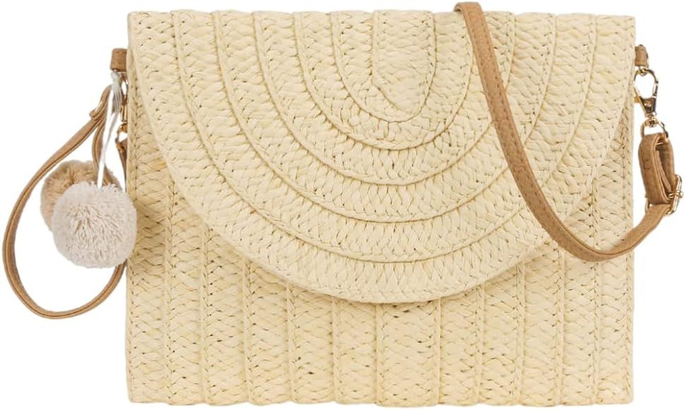 Straw Shoulder Bag Straw Clutch Women Hand-woven PomPom Straw Crossbody Bag Summer Beach Envelope... | Amazon (US)
