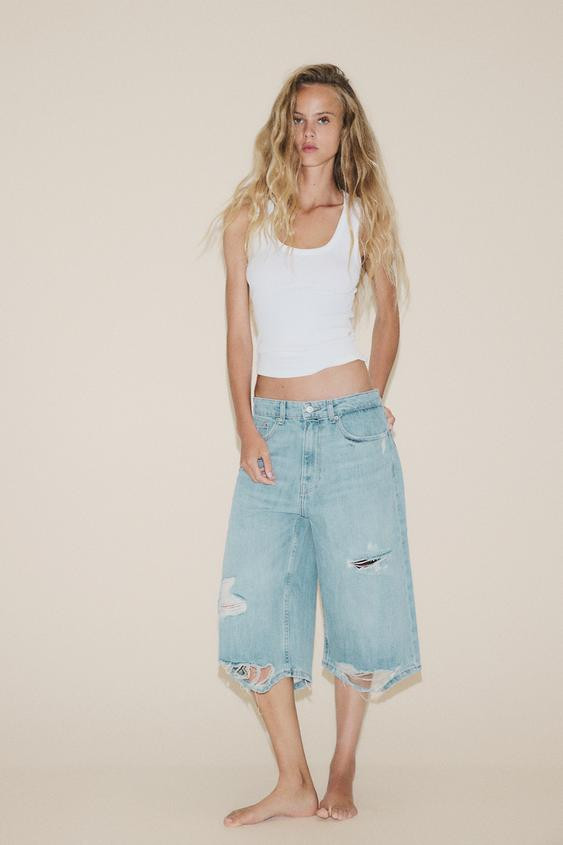 RIPPED LOW RISE TRF DENIM JORTS | Zara US
