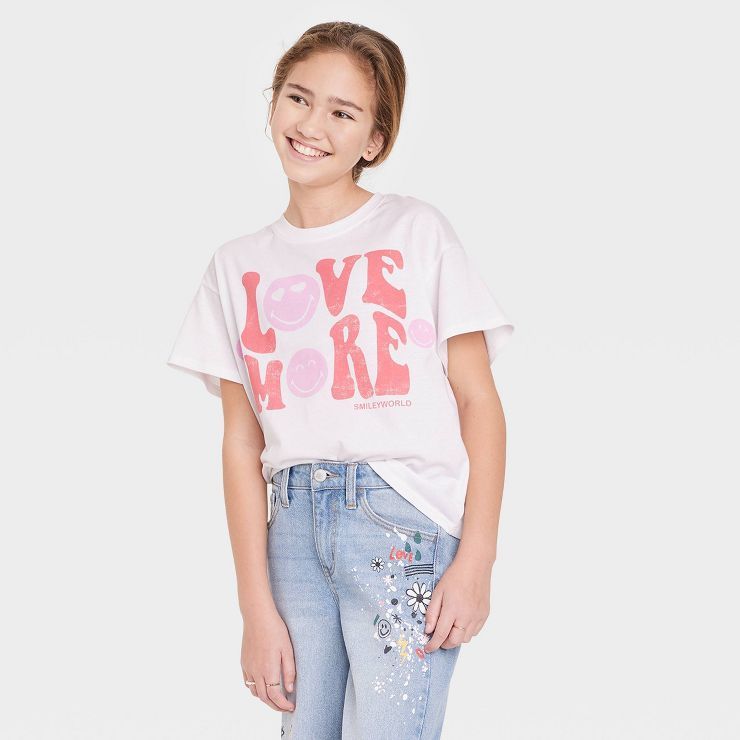Girls' Oversized SmileyWorld Short Sleeve Graphic T-Shirt - art class™ White | Target