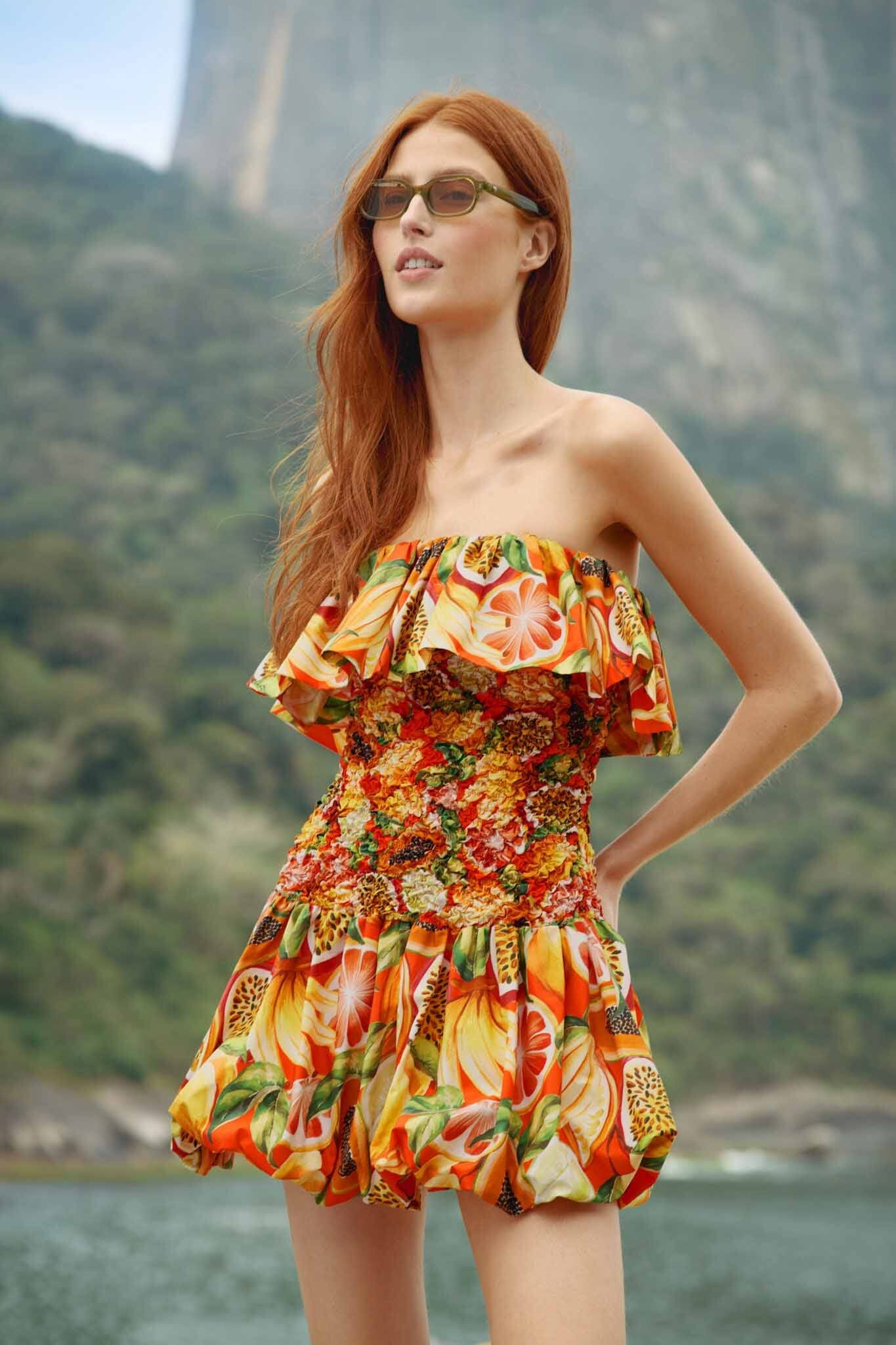 Multicolor Fruit Garden Red Smocked Balloon Mini Dress | Farm Rio UK