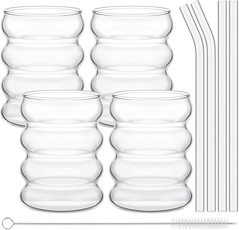 4 Pcs Creative Glass Cups Cute Ripple Shaped Vintage Drinking Glasses Ribbed Glassware Aesthetic ... | Amazon (US)