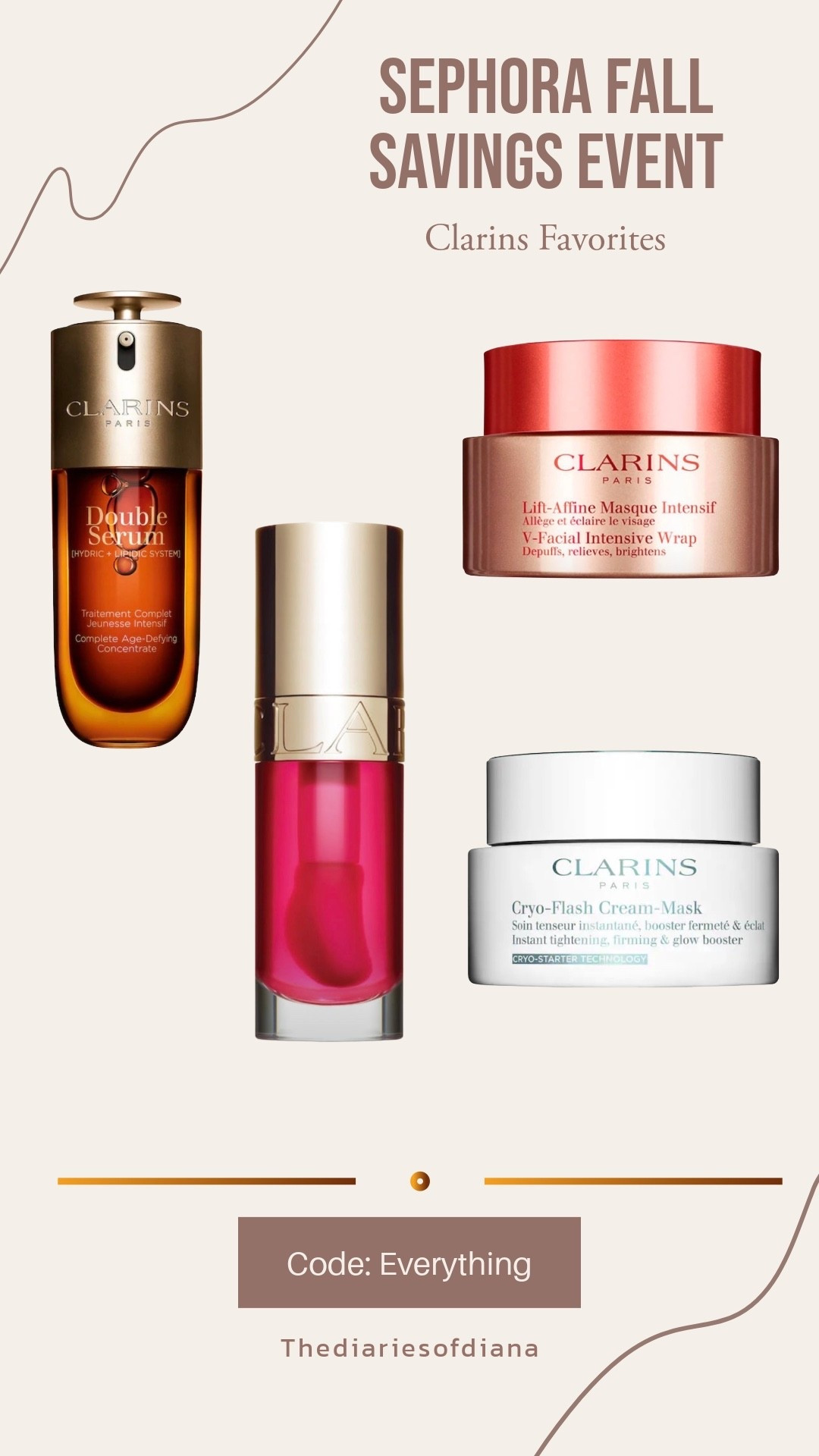 Sephora fall savings event 

Clarins lip oil, cyro mask, v facial intense mask, double serum 

#LTKHoliday #LTKSaleAlert #LTKGiftGuide