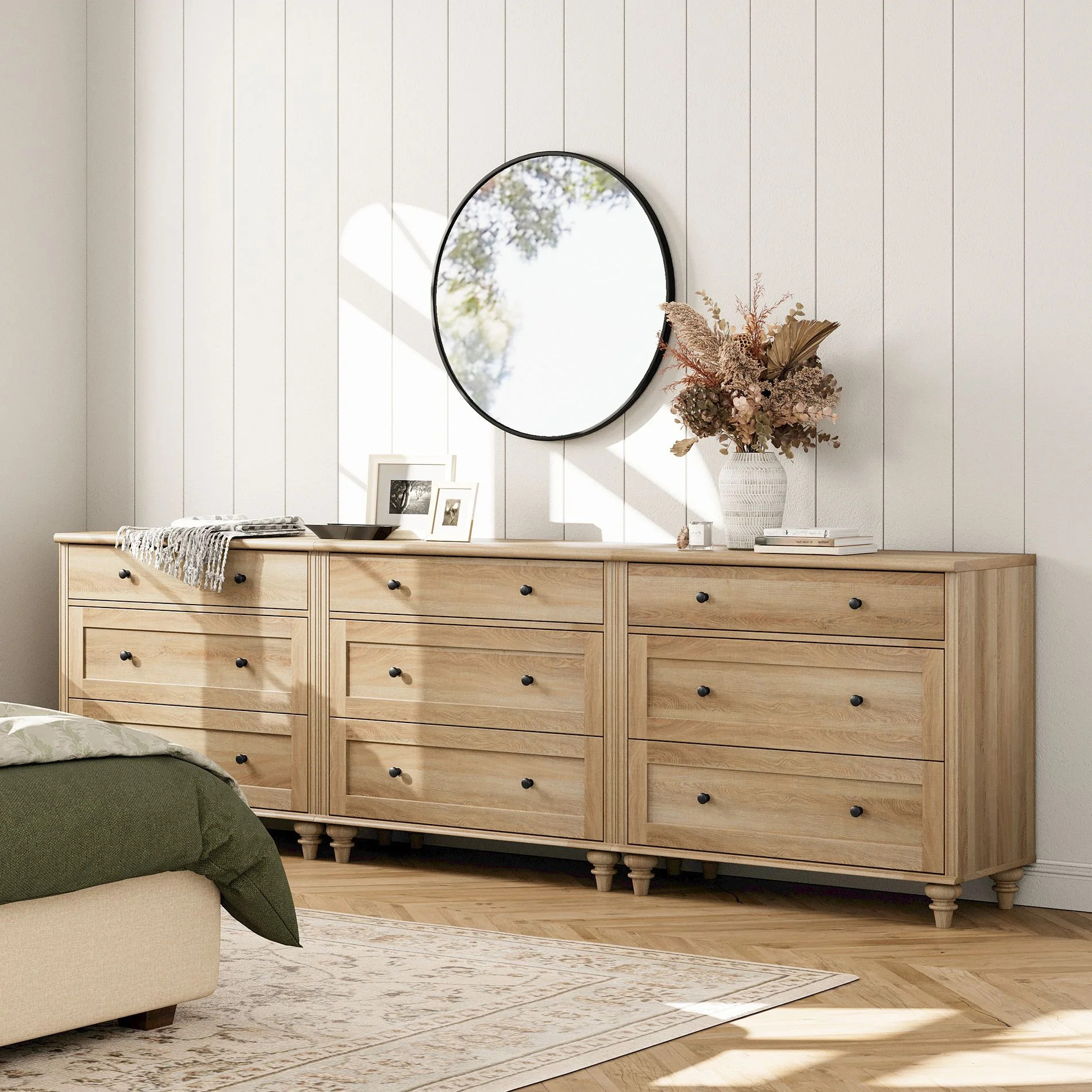 Charlton Home® Scarlett Oak Dressers With 9 Wide Chest Of Drawers, Large Wood Dressers For Livin... | Wayfair North America