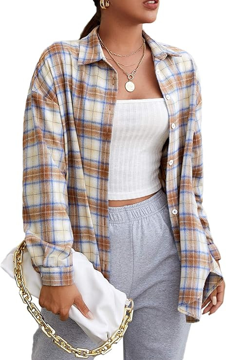 MakeMeChic Women's Plaid Shirts Oversized Flannels Shacket Jacket | Amazon (US)