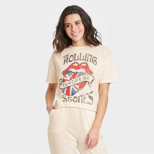 Women's Rolling Stones Europe 82 Short Sleeve Cropped Graphic T-Shirt - Beige | Target