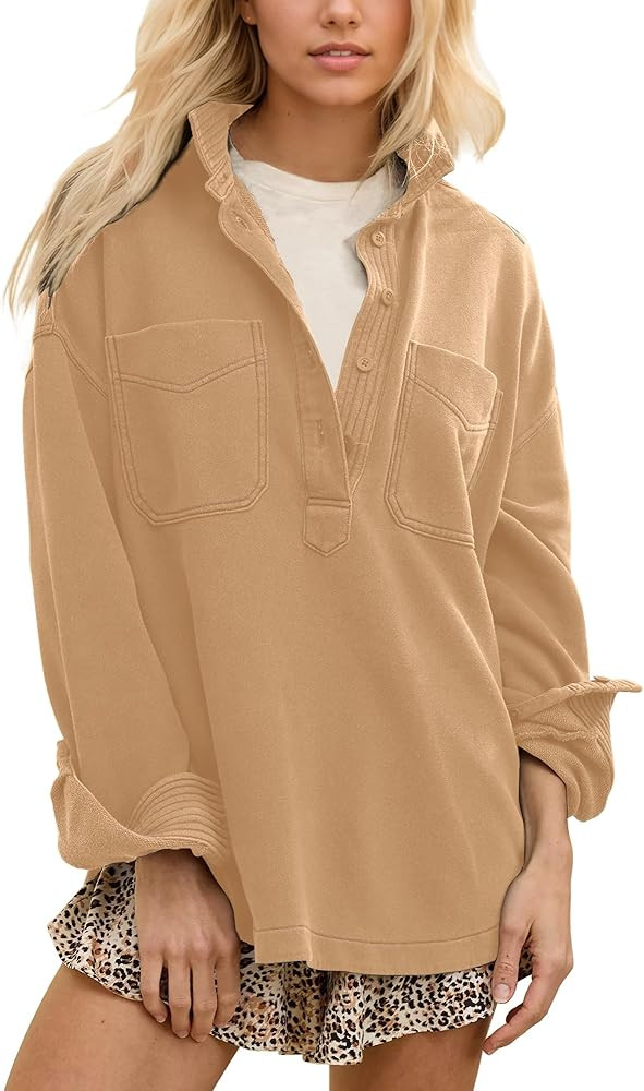 Gacaky Sweatshirt for Women Oversized Casual Long Sleeve Polo V Neck Split Pullover Tops Fashion ... | Amazon (US)