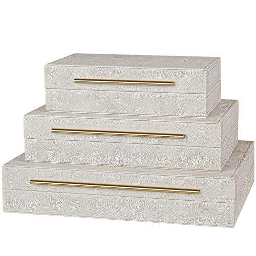 Elegant Set of 3 Ivory Shagreen Decorative Boxes with Velvet Lining and Golden Handles - Versatil... | Amazon (US)