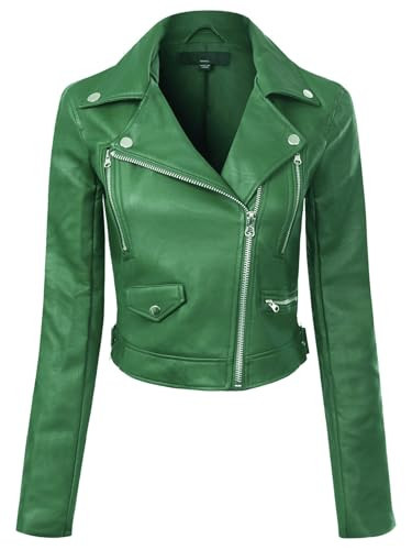 Design by Olivia Women's Long Sleeve Zipper Closure Moto Biker Faux Leather Jacket Kelly Green S | Amazon (US)