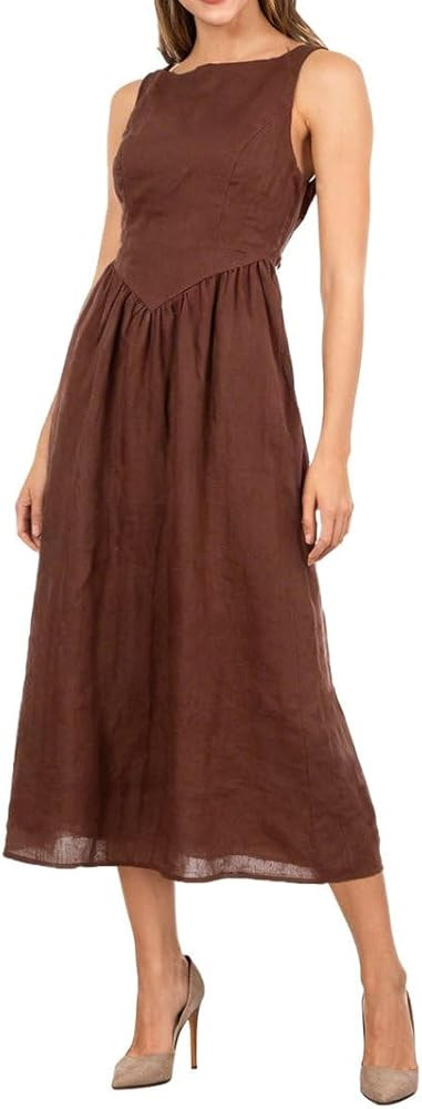 Amazhiyu Women's 100% Linen Corset Midi Dresses Sleeveless Summer Backless Sundress | Amazon (US)