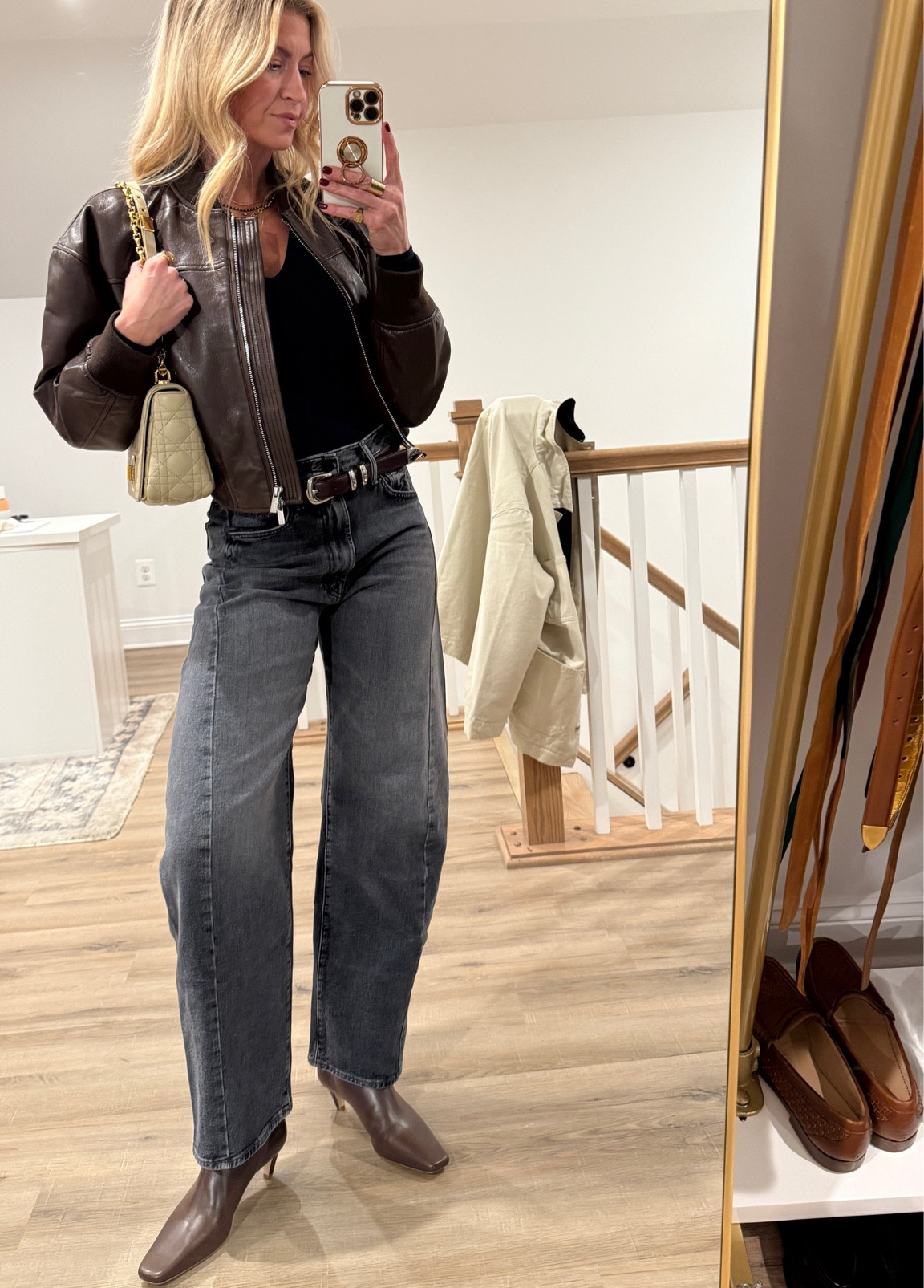 Date night outfit mixing browns and black. 
Denim: runs TTS
Bodysuit: TTS, order up if in between sizes 
Boots: TTS (so comfortable! Low heel) 
Jacket: TTS, wearing a S

#LTKSeasonal #LTKstyletip #LTKfindsunder100