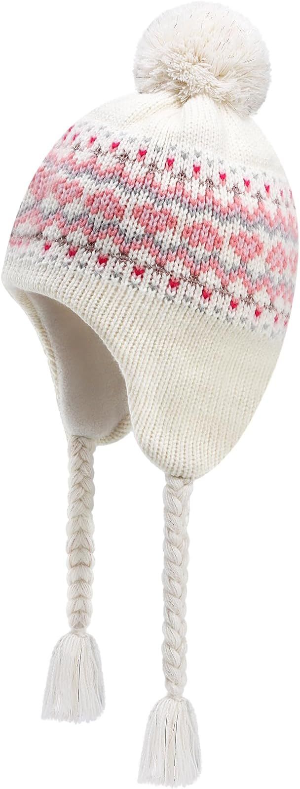 Otoyzy Winter Peruvian Hat Earflap Fleece Lined Pompon Knit Hat Beanie for 3-10T Baby Girls | Amazon (US)