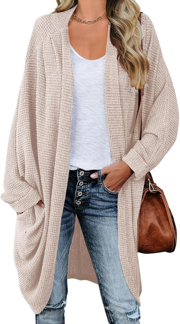 ZoeAce Womens Open Front Knit Cardigan Long Batwing Sleeve Oversized Sweater Chunky Waffle Cable ... | Amazon (US)