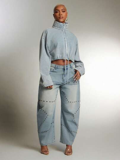 Denimoi Elastic Waist Toggle High Neck Zip Front Cropped Denim Jacket | SHEIN