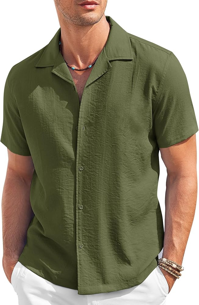 COOFANDY Men's Casual Button Down Shirt Short Sleeve Textured Summer Cuban Beach Shirts | Amazon (US)