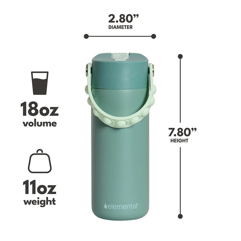 Elemental Kids Core Water Bottle 18oz  Stainless Steel Sage Water Bottle with Straw Lid & Pop-It ... | Walmart (US)
