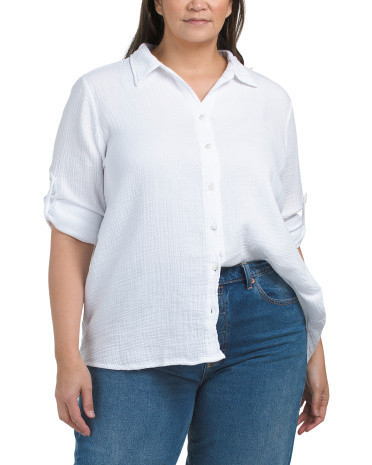 Plus Guaze Button Down Shirt For Women, Cotton | TJ Maxx