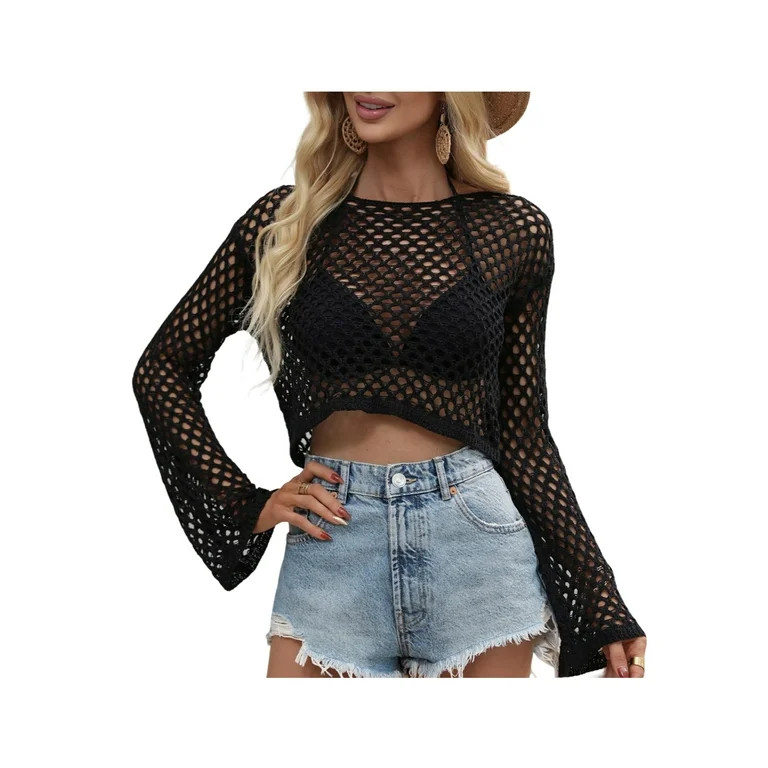 Gwiyeopda Women Crochet Hollow Out Long Sleeve Fishnet Shirt Crop Top Bikini Cover Ups | Walmart (US)