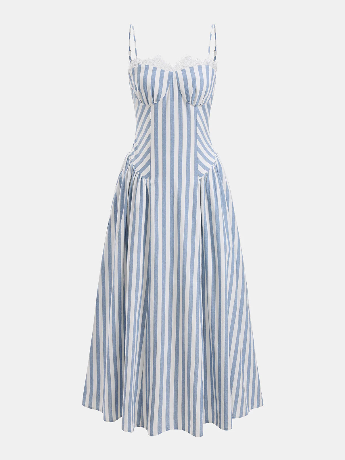 Lace Trim Striped Cotton Cami Maxi Dress | Commense