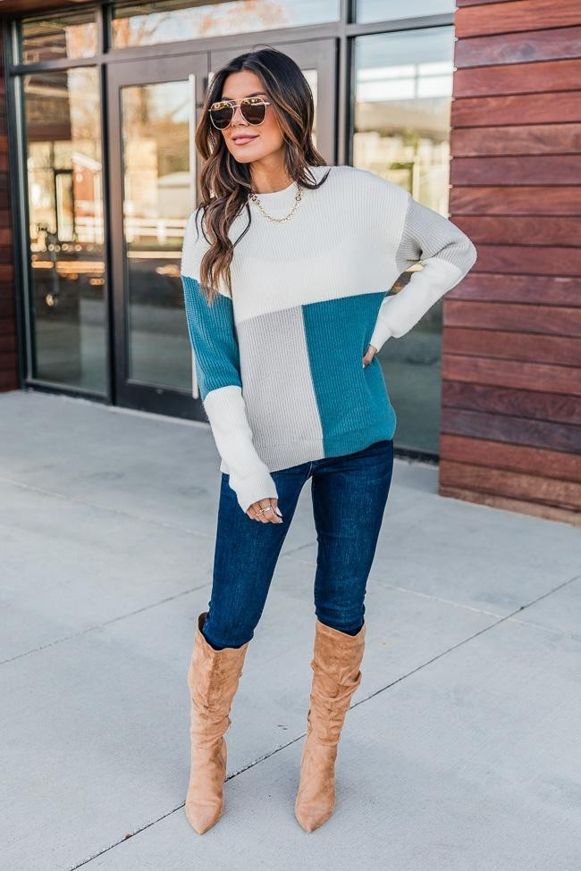 Our Time Expired Blue Colorblock Mock Neck Sweater DOORBUSTER | The Pink Lily Boutique