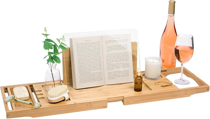 Waterproof Shield Keeps Your Book Open – Extendable Bamboo Bathtub Tray with Wine Glass Holder ... | Amazon (US)