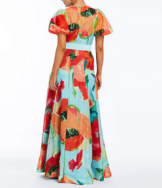Mestiza New YorkPippa Floral Organza Round Neck Puff Sleeve Belted Fit-And-Flare Gown | Dillard's