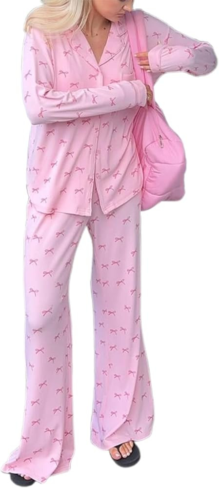 Women Bow Pajamas Long Sleeve Button Down Shirt Top Loose Pants Holiday Sleepwear Cute 2 Piece Se... | Amazon (US)