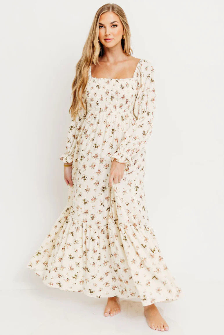 Emerson 100% Cotton Smocked Maxi Dress with Long Sleeves in Ivory - Bu | Worth Collective