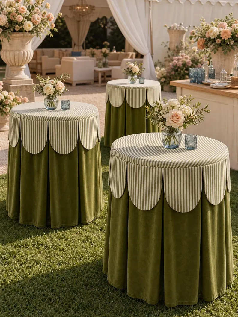Scalloped Stripe Round Table Skirt, Olive Green Fabric Table Cover, Wedding Cocktail Tablecloth, ... | Etsy (Global)