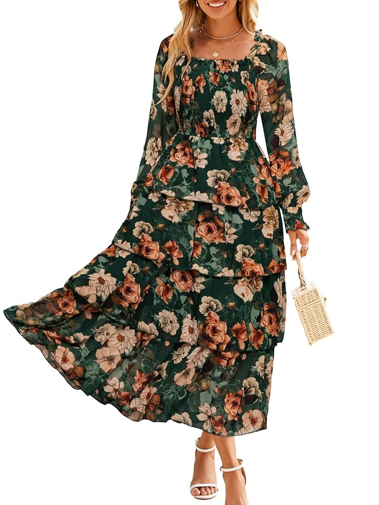 Simplee Womens Long Sleeve Floral Wedding Guest Dress Flowy Tiered Smocked Square Neck Fall Boho ... | Amazon (US)