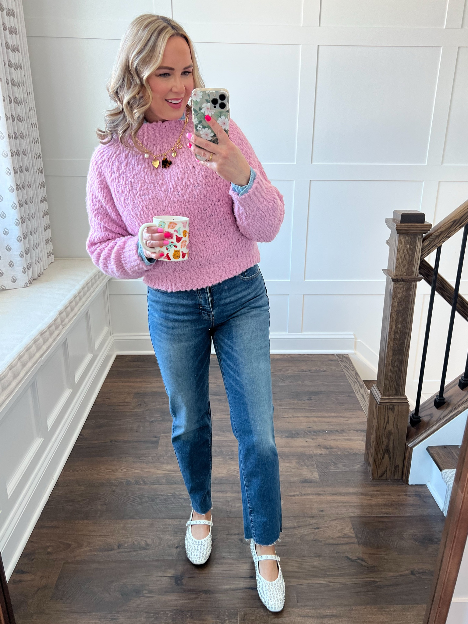 Monday OOTD! These jeans are from Target! They have some stretch in them. I would say they run TTS but if in between sizes, I would recommend sizing up. My studded ballet flats are also from Target and are on clearance. Wearing size small in this sweater from Anthropologie. And I’ve been wearing this necklace on repeat. 

#LTKFindsUnder50 #LTKShoeCrush #LTKOver40