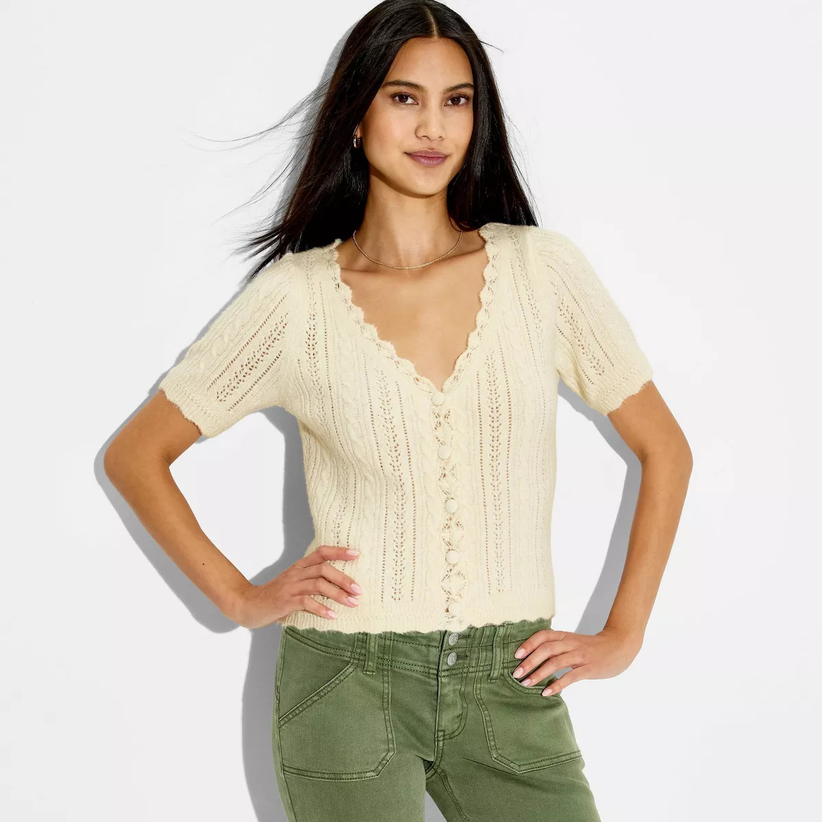 Women's Crewneck Pointelle Cardigan Sweater - Wild Fable™ Brown Floral 1X | Target