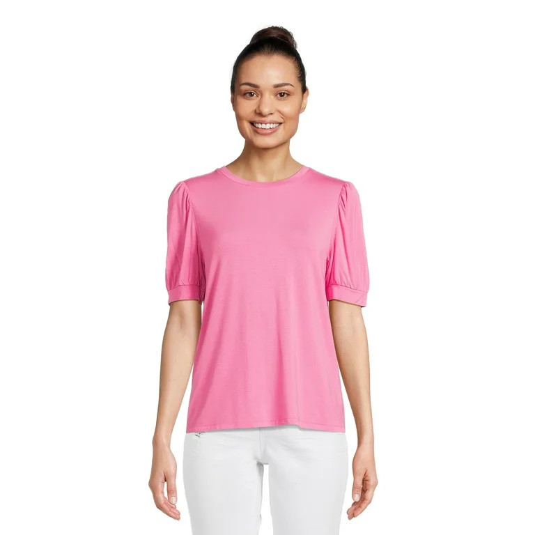 Time and Tru Women's Classic Fit Jersey Top with Puff Sleeves, Sizes XS-3XL | Walmart (US)