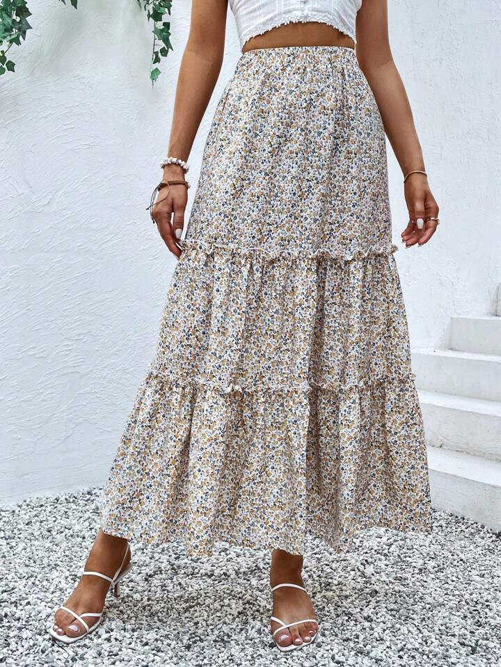 SHEIN VCAY Ditsy Floral Print Frill Trim Ruffle Hem Skirt | SHEIN